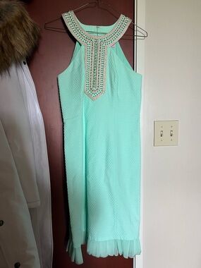 Lilly Pulitzer Mint Halter Midi Dress with Jeweled Yoke Adelina Shift Dress